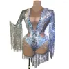 Stage Wear Sparkling Silver Women Stretch Dance Fringes Bodysuit Club Bar Singer Leotard Rhinestone Sequin Tassel Party Jumpsuit