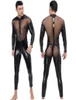 Catsuit Costumes En Cuir Verni Hommes Sexy Manches Longues Fermeture Éclair Ouvert Entrejambe Catsuit Zentai Combinaison Creux Out Mesh Splice Full Body4050554