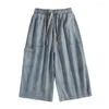 Herren-Jeans, Sommer-Arbeitskleidung, Shorts, verkürzte Denim-Cargohose mit weitem Bein, tiefem Schritt, elastischer Taille, Multi für lockere Männer