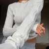 Женские футболки, весна-осень, женская повседневная белая узкая черная базовая футболка с рюшами и длинными рукавами, модный уличный укороченный топ, футболка с одеждой Y2K