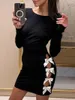 Casual Kleider Frauen Y2k Langarm Bodycon Kurzes Kleid Sexy Cut Out Side Mini Süße Fliege Fee Clubwear Nacht