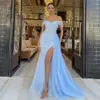 2024 funkelnder himmelblaues Abend Festzug Draht die Schulterseite Schlitz Long Perlen Pailletten Frauen Prom Formal Partykleider Sexy Robe de Soiree