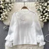 Blusas femininas chiffon camisa primavera outono coreano doce tridimensional flor puff manga longa preto branco topos 6 cores