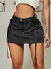 2023 Trendy Street Tooling Style Flap Pocket Ribbon Details Slim Workwear Denim Mini Skirt High Clothing 240113