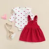 Ensembles de vêtements pour bébés filles, tenue de saint-valentin, manches imprimées cœur doux, barboteuse, hauts à bretelles, jupe, ensemble de vêtements