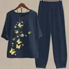 Женские брюки из двух предметов, летние женские свободные наряды, блузка с короткими рукавами и принтом, высокая талия, женский костюм с цветочным принтом и растениями, элегантный