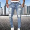 Nödställda streetwear rippade magra jeans män vintage tvättar solast elastiska cyklisthål denim blyertsbyxor avslappnade smala fit joggar 240113