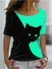 2022 Summer Women's Cat Theme Printed Painting Tee Shirts O-Neck Casual Female Tops Daily Pullover New T Shirt Design