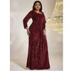Ethnic Clothing Plus Size Square Neck Sequin Luxury Extra Long Glitter Evening Gown Big Women Wedding Banquet Wine Red Dress