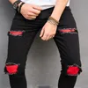 Mode américaine noir rouge Patchwork hommes jean haute rue coréen mince pantalon déchiré trou Hip Hop mâle Denim pantalon 240113