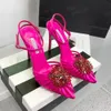 Aquazzura Flower Crystal-Embellished Satin Slingback Sandals Stileetto Heels Ankle Strap Pumps女性デザイナーLuxury Evening Party Wedding Shoes With Box