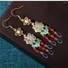 Stud Earrings Chinoiserie National Style Gilded Enamel Color Painting Imitation An Jade Retro Elegant Temperament Long Tassel