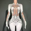 Stage Wear Women Evening Party Birthday Outfit Sexy Performance Costume Silver Sequins Stretch White Jumpsuit Gloves