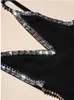 Casual Dresses 2024 Summer High-End Women Luxury Diamond-inbäddad klänning Damer Sexig backless Spaghetti Straps Black Spets Rhinestone