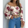 Camicette da donna Stampa floreale con spalle scoperte Top corto da donna Camicetta sexy con maniche a lanterna Moda Fasciatura posteriore Camicie casual Primavera Estate