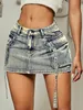 2023 Trendy Street Tooling Style Flap Pocket Ribbon Details Slim Workwear Denim Mini Skirt High Clothing 240113