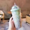 Reusable Plastic Tumbler With Dome Lids Bubble Rainbow Decor 2-Layer Cups 550ml Plastic Cups With Lids Tumbler With Straw wzpi 240113