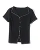 Women's T Shirts 2024 Summer Tops Shirt Fashion V Neck Beading Knickad T-shirt Kvinna Stretch Skninny Black Tee M-3XL