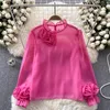 Blusas femininas chiffon camisa primavera outono coreano doce tridimensional flor puff manga longa preto branco topos 6 cores