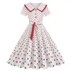 Vestidos casuais preto polka dot verão para mulheres 2024 robe vintage 50s 60s turn-down colarinho manga curta rockabilly vestido swing