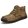 Boots Leather Casual Shoes Men Hand Stitched Outdoor Hiking Autumn Winter Ankle Snow Optional Plush