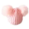 5 stks kinderen Dubbele Pom Pom Muts Winter Bobble Hat Gebreide Nepbont Afneembare Bal Cap Zachte Kabel Gebreide Muts met Oren voor Vrouwen BJ