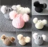 5 stks kinderen Dubbele Pom Pom Muts Winter Bobble Hat Gebreide Nepbont Afneembare Bal Cap Zachte Kabel Gebreide Muts met Oren voor Vrouwen BJ