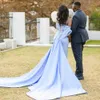 Skyblue Big Bow Bridesmaid Satin Mermaid Sweetheart Neck Appliced ​​Lace Sexig Side Spit Maid of Honor Dresses Simple Style Elegant Wedding Guests Gowns BR047