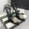 Aquazzura Flower-ryctal-embelished satin slingback 샌들 스틸레토 힐스 발목 발목 펌프 여성 디자이너 럭셔리 이브닝 파티 웨딩 신발과 상자