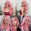 Pink Cosplay Lolita Halloween S Long Body Wavy Synthetic med lugg för White Women Party Hair Natural Heat Resistant 240113