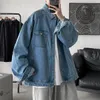 Herr mode trend ren färg blå denim jackor lösa avslappnad långärmad ytterkläder fickrockar plus storlek m-2xl 240113