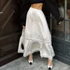 Skirts Puloru Fairycore White Lace Patchwork Flowy Long Skirt For Women Elegant High Elastic Waisted Flared A-Line