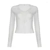 Kvinnors T -skjortor Y2K White Sticke Crop Top Women Patchwork V Neck Långärmhet Lace Up Sweet Sweet Shirt Harajuku Chic Casual Aesthetic Tops