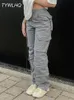 Винтажные грузовые брюки Бэкги Джин Мода 90 -х карманы Широкие ноги высокая талия прямой джинсовой брюки Y2K Компания 240113