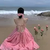 Повседневные платья Розовое длинное сказочное бандажное платье-комбинация для женщин, однотонное летнее платье без рукавов с открытой спиной, винтажный тонкий отпускной сарафан во французском стиле