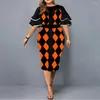 パーティードレスリンプラスサイズの女性服バタフライスリーブ印刷ラウンドネック格子縞のヒップ春秋のファッションミッドレングス