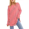 Women's T Shirts Round Neck Loose T-Shirt Fashion Strip Printed Raglan Long Sleeve Tee Tops Irregular Hem Medium Length Pullovers