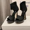 Zapatos de vestir Sandalias de tacón alto de primavera y verano para mujer Tela tejida voladora Tacón grueso Boca de pescado Botas de tacón alto