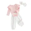 Ensembles de vêtements My First Valentine S Day Baby Girl Outfit Volants à manches longues Romper coeur imprimé sarouel avec chapeau bandeau ensemble