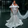 Vestido de casamento de sereia de luxo para noiva ilusão pura pescoço fora do ombro tule renda frisada cetim vestidos de casamento para casamento para mulheres negras nigerianas NW028