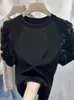 여자 T 셔츠 짧은 슬리브 코튼 티셔츠 여름 프랑스 버블 꽃 소매 검은 캐주얼 한 느슨한 탑 대형 셔츠