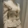 Arbetsklänningar lyxiga designerkläder kvinnor eleganta v-hals singel breasted beige tweed jacka och kjol 2 bit set vestidos para mujer
