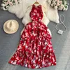 Casual Dresses Retro Floral Print Halter Sleeveless Elegant Tiered Dress A-line Beach Vacation Chiffon Women Summer Vestidos