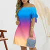 Casual Dresses Women Party Dress Plaid Printing Off Shoulder Lady Summer Gradient Färg Kort ärmar Klädsel Lace Up Tie Cuff