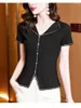 Women's T Shirts 2024 Summer Tops Shirt Fashion V Neck Beading Knickad T-shirt Kvinna Stretch Skninny Black Tee M-3XL