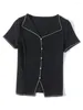 Women's T Shirts 2024 Summer Tops Shirt Fashion V Neck Beading Knickad T-shirt Kvinna Stretch Skninny Black Tee M-3XL
