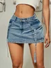 2023 Trendy Street Tooling Style Flap Pocket Ribbon Details Slim Workwear Denim Mini Skirt High Clothing 240113