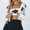 Damer Retro Plaid Knit V-hals Single-Breasted Knit Cardigan tröja Sexig Retro Diamond Check Knit Chest Wrap 240113