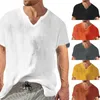 メンズTシャツメンサマーファッションコットンリネンカジュアルTシャツビンテージソリッドカラー男性半袖vネック通気性トップス衣類