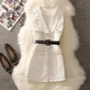 Vintage midlength 75cm xadrez tweed colete jaqueta feminina 2 peça conjunto elegante pérola botão com cinto sem forro e camisola de malha 240113
